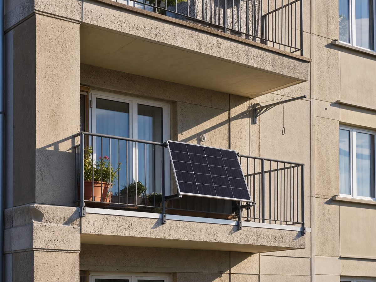 Panneau solaire fixé à la rambarde barreaudée d'un balcon d'immeuble, avec ses crochets et son câble de retenue, façade exposée au sud