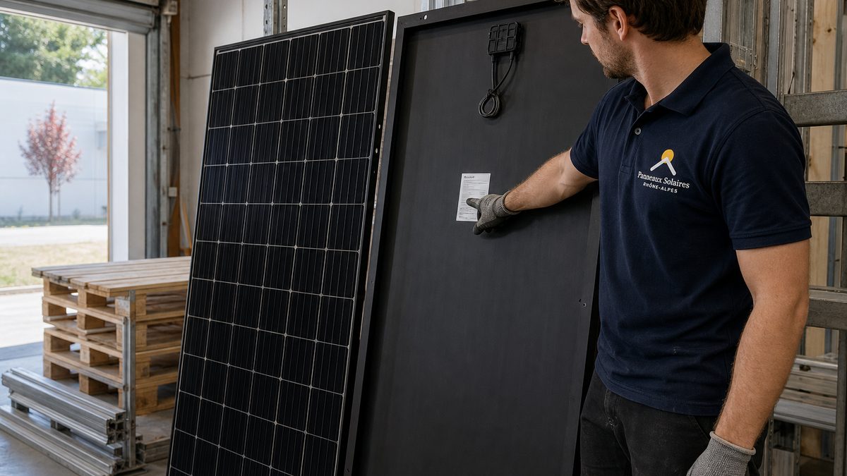 Deux panneaux comparés côte à côte dans l'atelier, la main sur l'étiquette.