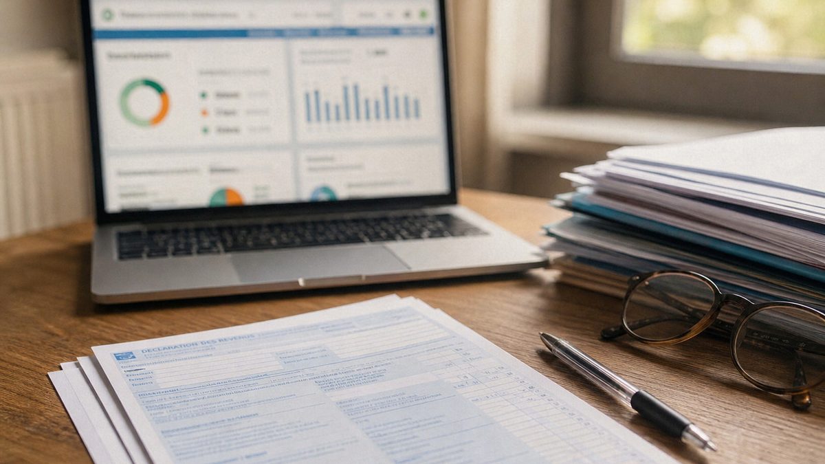Un formulaire de déclaration de revenus et un ordinateur sur un bureau.