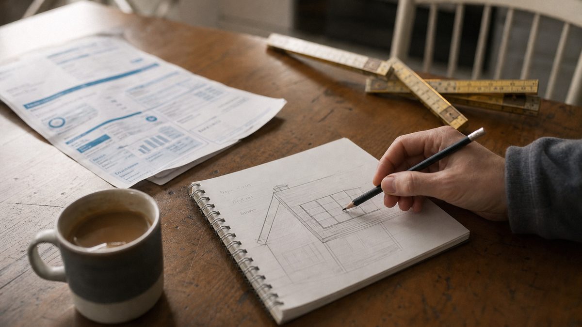 Une facture d'électricité et un croquis de toiture sur la table de la cuisine.