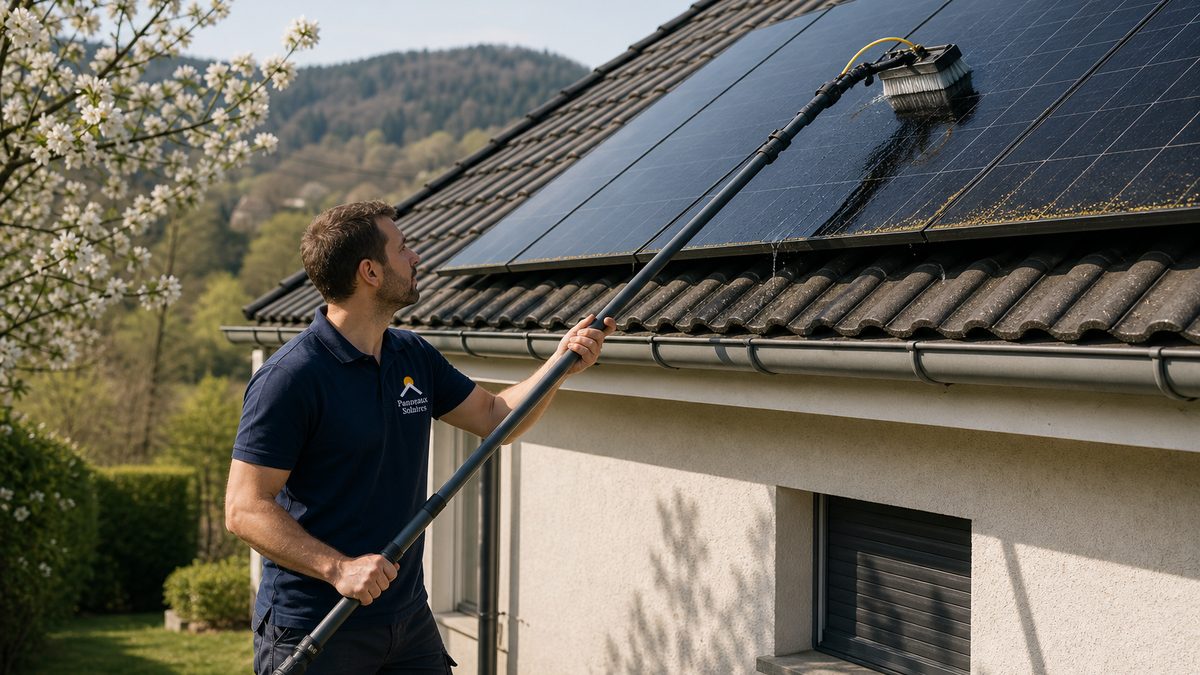 Un technicien nettoie les panneaux à la perche et à l'eau pure depuis le jardin.
