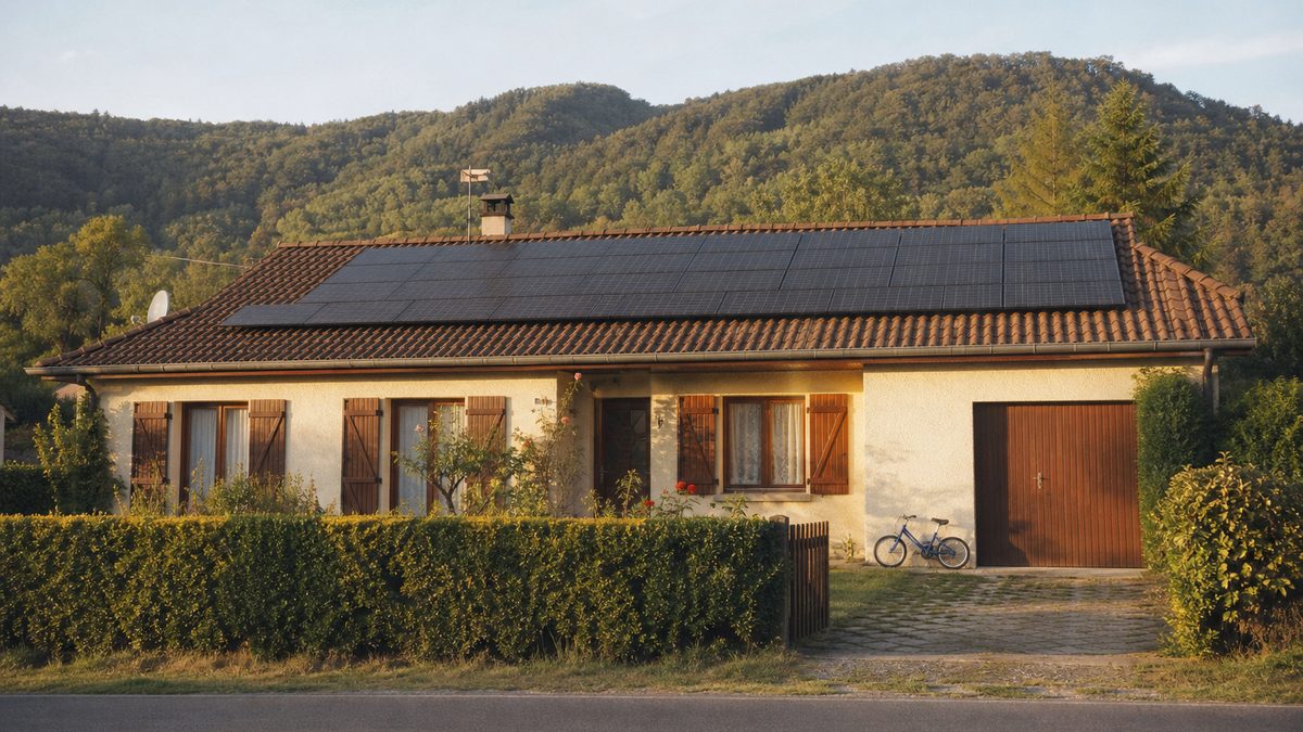 Une maison familiale équipée de panneaux, en fin d'après-midi.
