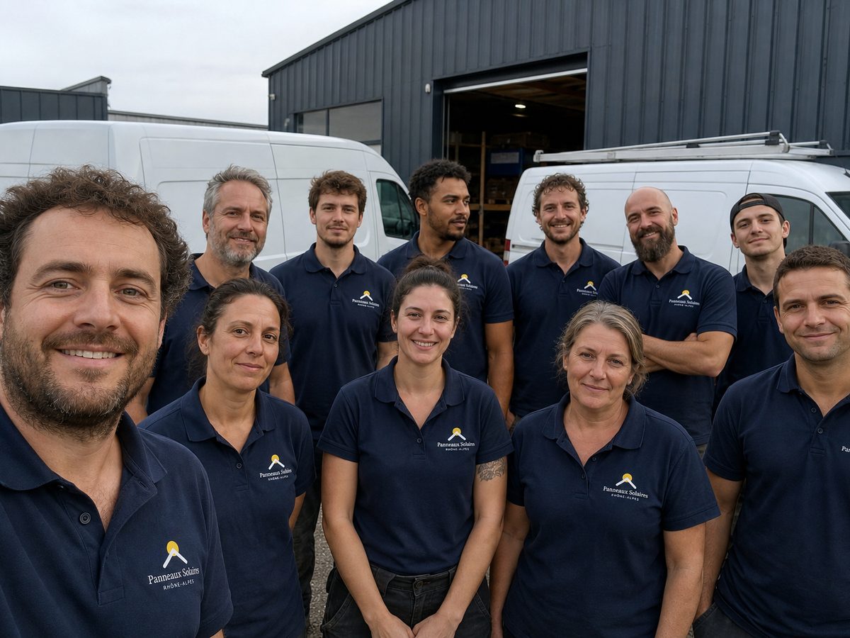 L'équipe au complet devant l'atelier et les camions, à Bourgoin-Jallieu, un matin de départ en chantier
