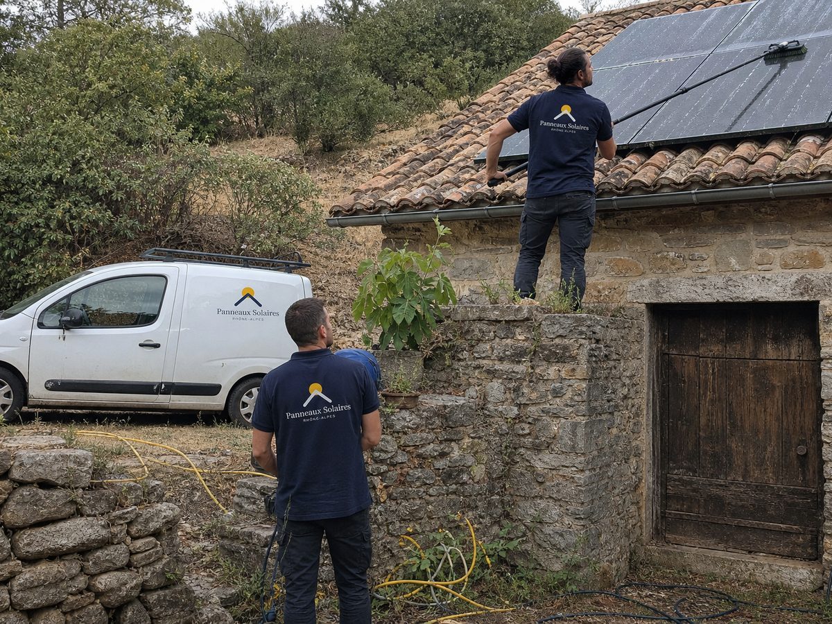 Nettoyage des panneaux poussiéreux d'une maison en pierre en fin d'été
