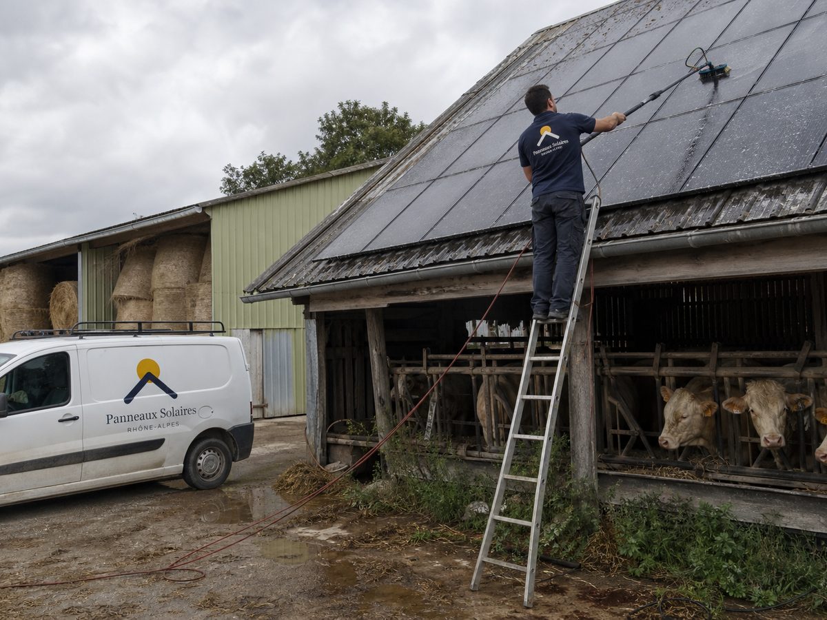Nettoyage des panneaux sur le toit d'une étable, les vaches à l'attache dessous