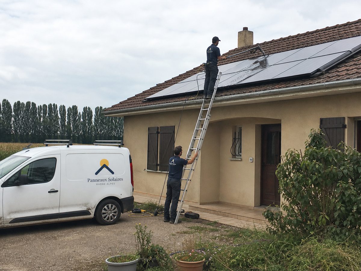 Nettoyage des panneaux d'une maison en bordure de champs, une rangée de peupliers derrière
