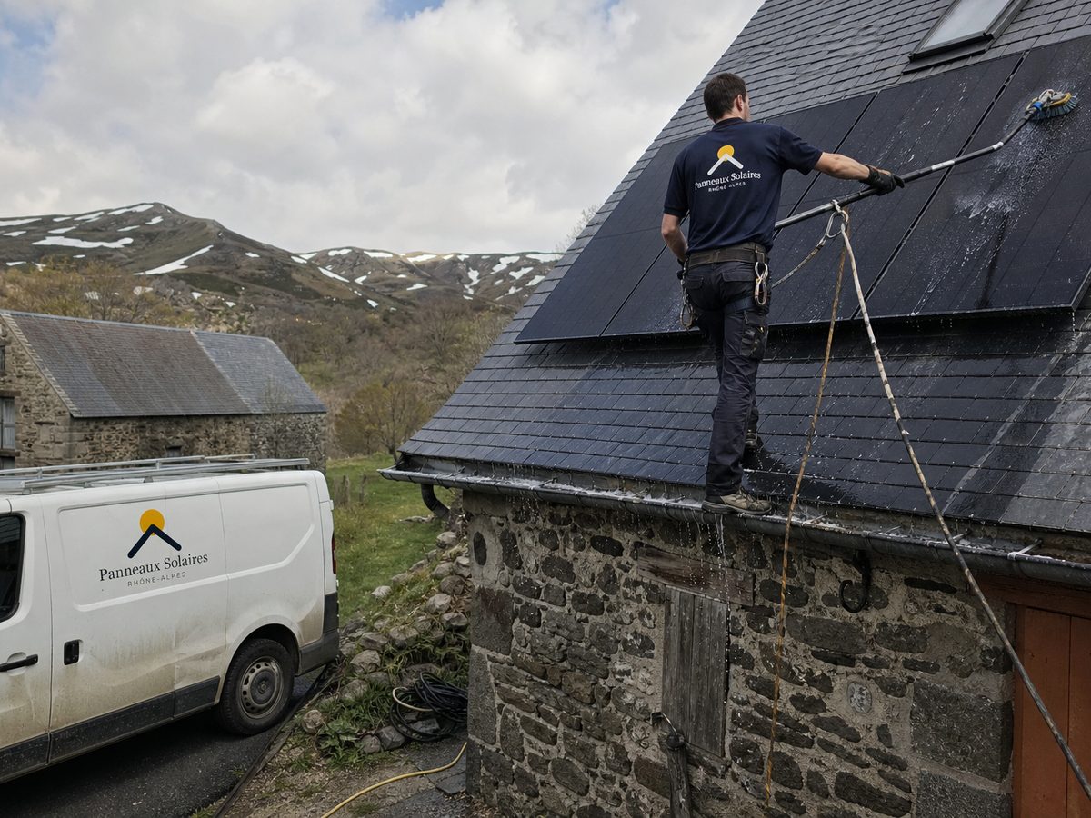 Nettoyage des panneaux sur un toit d'ardoise, de la neige sur les sommets