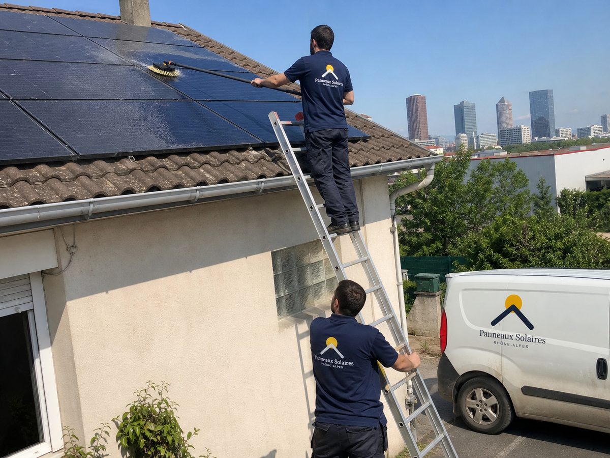 Nettoyage des panneaux d'une maison de banlieue depuis l'échelle, des tours de bureaux au loin