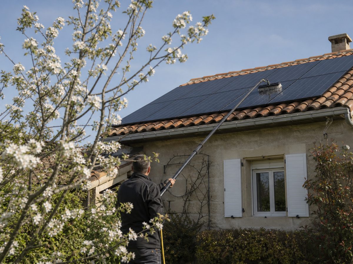Nettoyage à la perche depuis le sol, à l'eau pure, sur un toit en tuiles au printemps