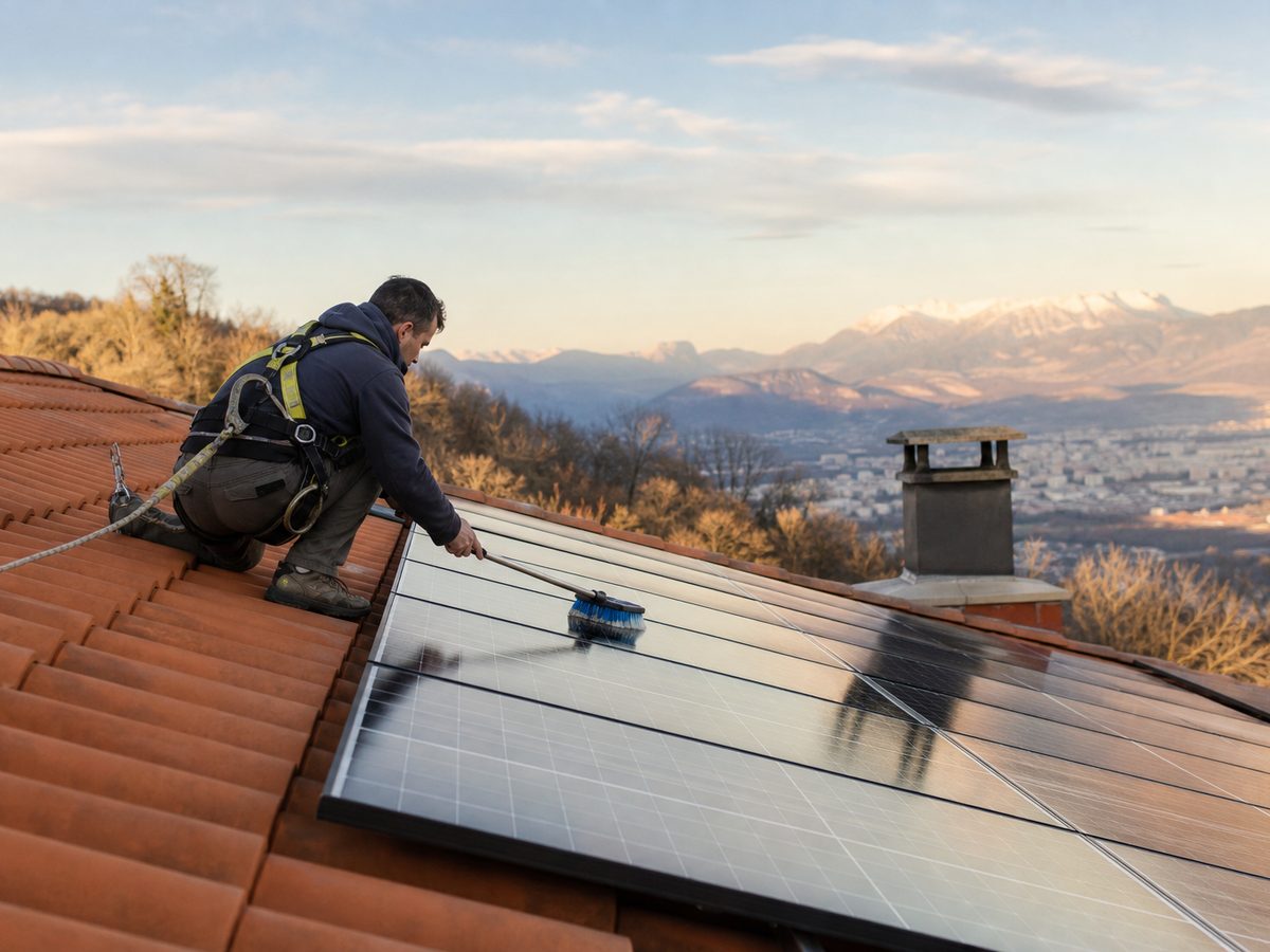 Un technicien harnaché brosse les panneaux au petit matin sur un toit en tuiles, la ville et les montagnes au loin