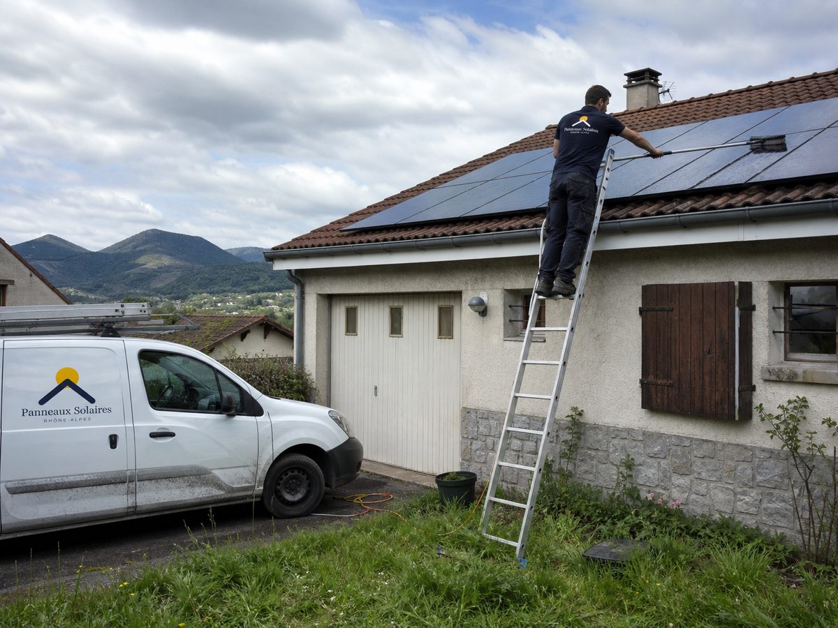 Nettoyage des panneaux d'une maison de banlieue, des volcans à l'horizon