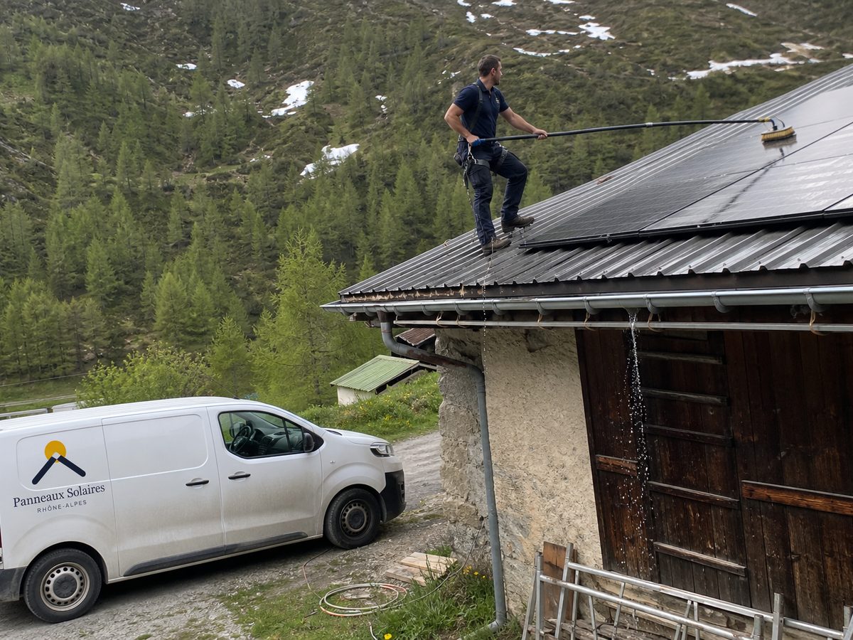 Nettoyage des panneaux sur le toit en tôle d'un chalet au printemps