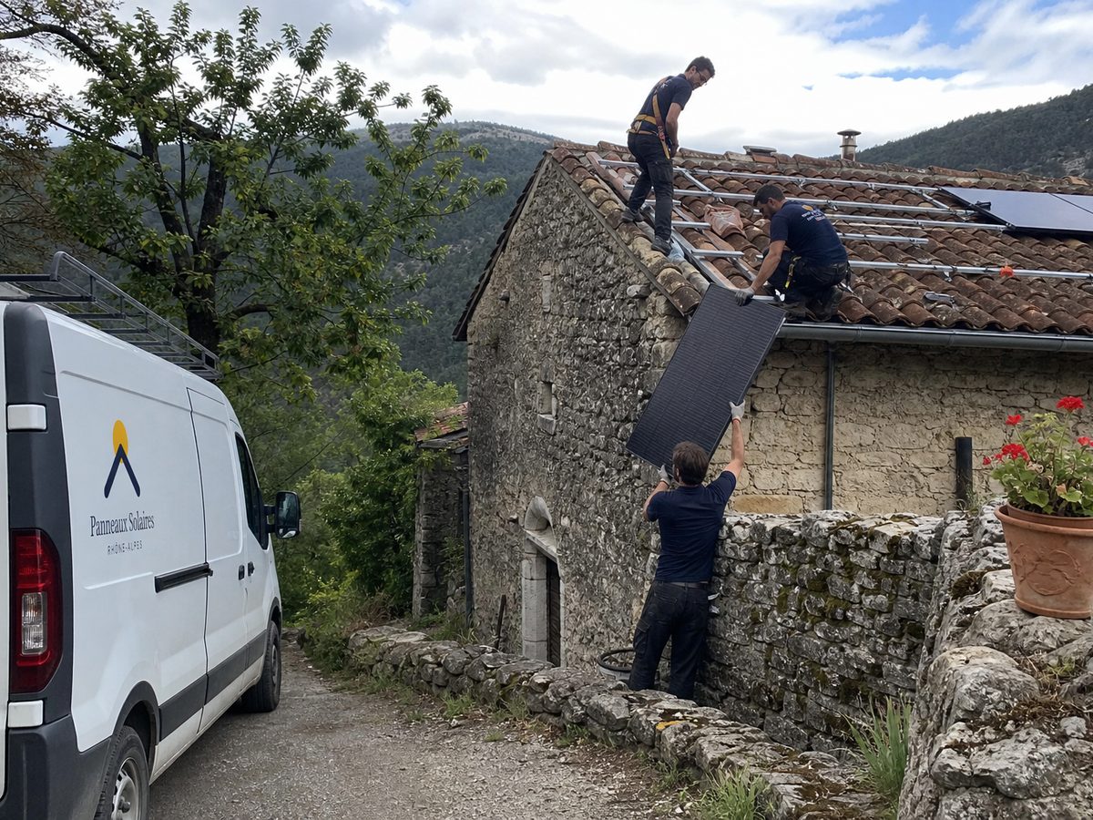 Pose de panneaux sur une maison en pierre à tuile canal, au-dessus des terrasses