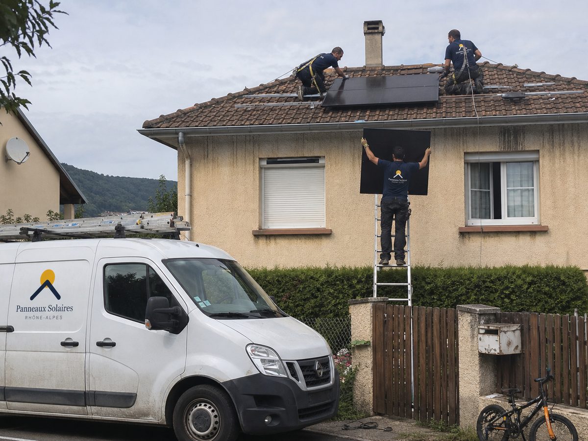 Deux de nos techniciens posent les panneaux sur une maison des années 1970, le camion garé devant