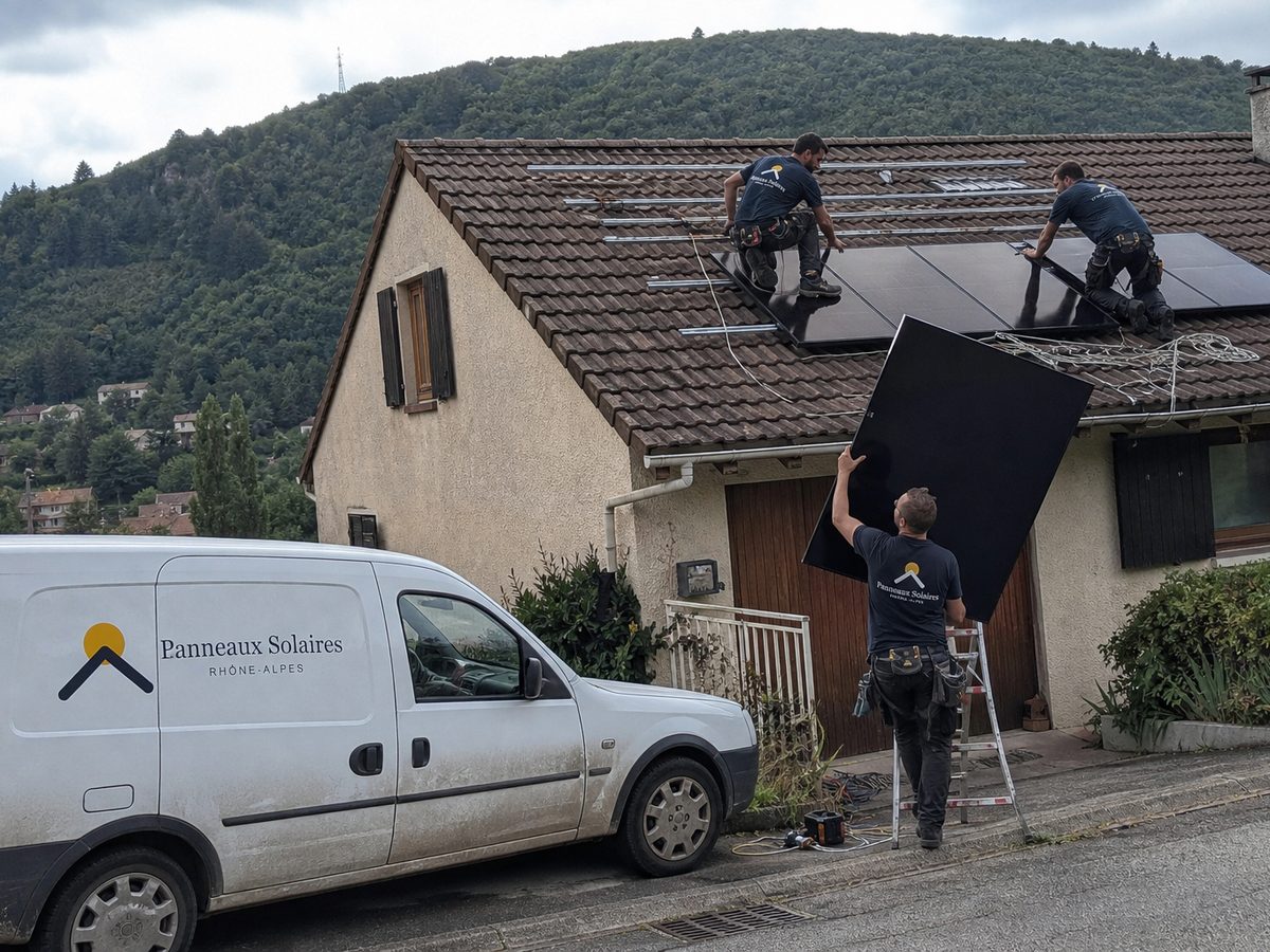 Pose de panneaux sur une maison des années 1970 à flanc de colline