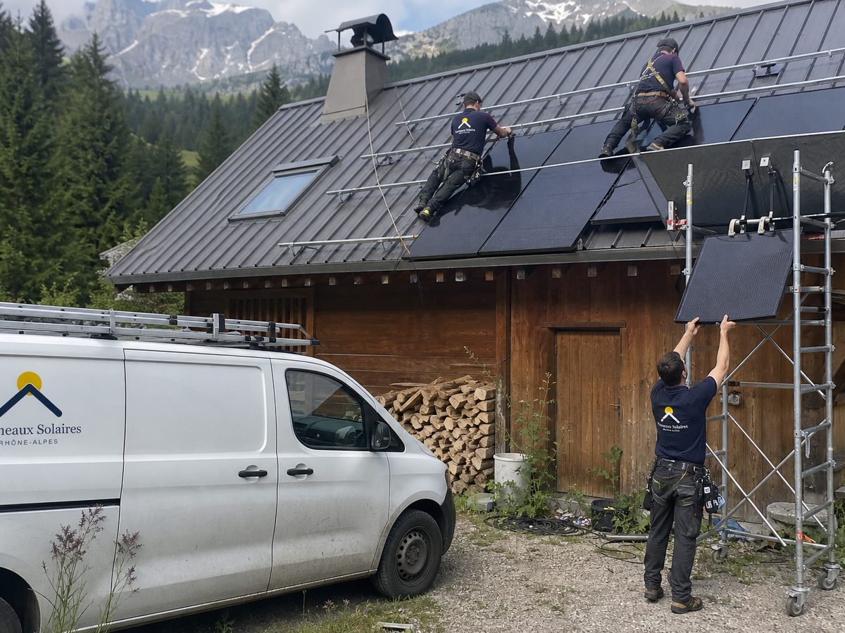 Pose de panneaux sur un chalet en bois, le camion dans l'allée
