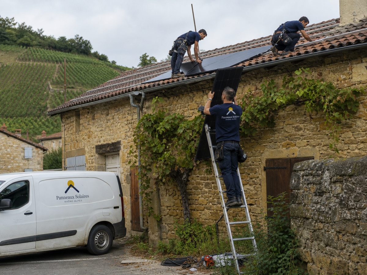 Pose de panneaux sur une maison en pierres dorées au pied des vignes