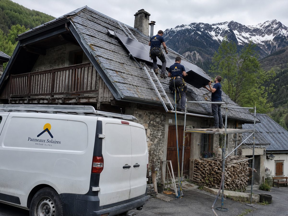 Pose de panneaux sur le toit d'ardoise d'une maison de montagne