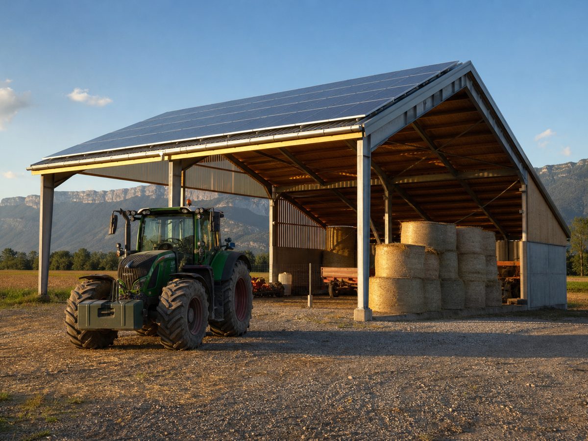 Hangar agricole en bac acier couvert de panneaux sur tout le long-pan sud, tracteur garé devant