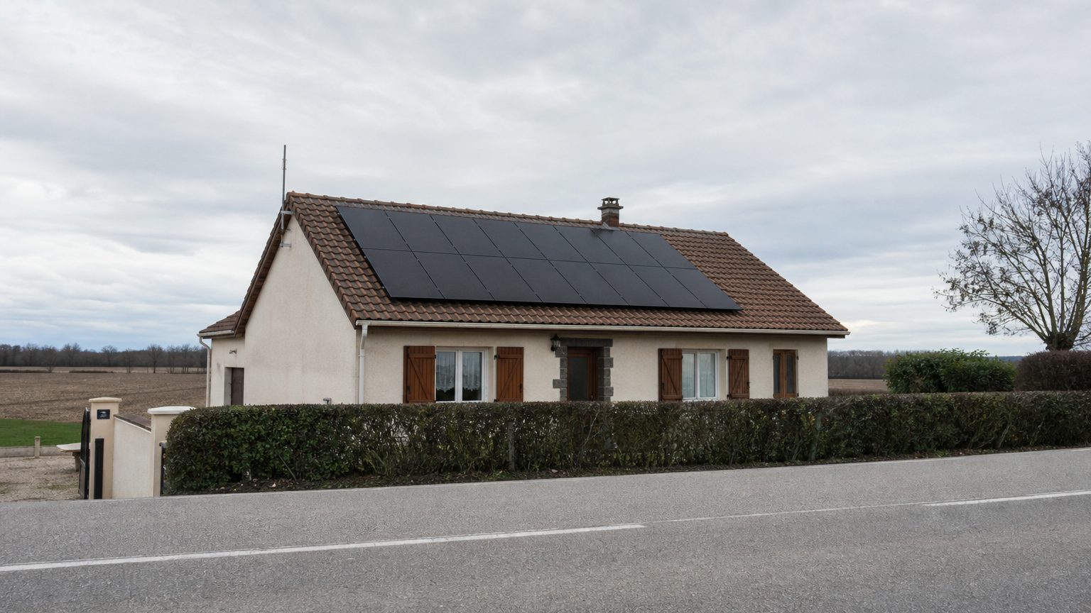 Une maison de plain-pied avec une quinzaine de panneaux posés sur le toit, vue depuis la route