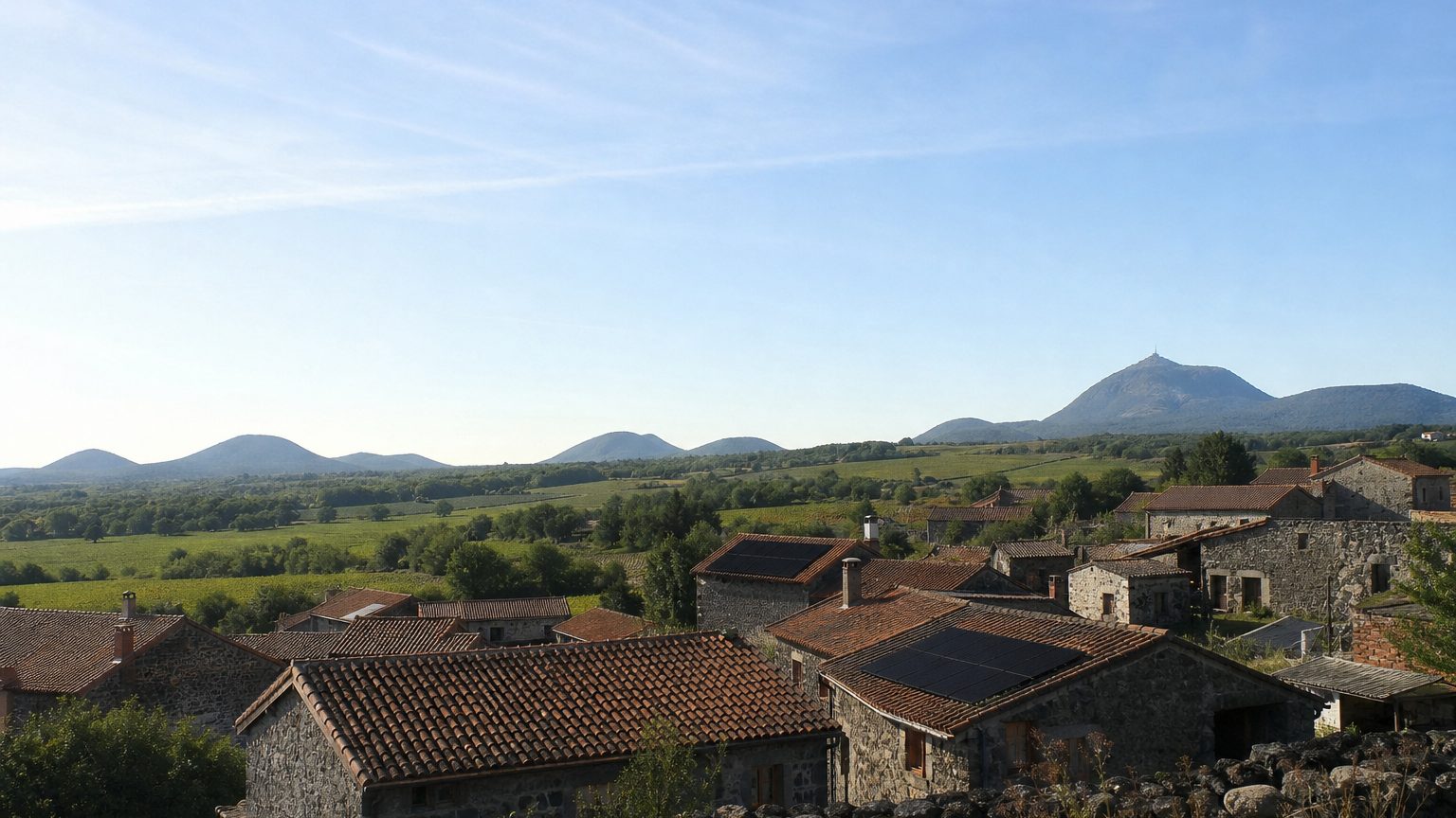 Village de pierre volcanique, volcans arrondis à l'horizon, quelques toits équipés de panneaux