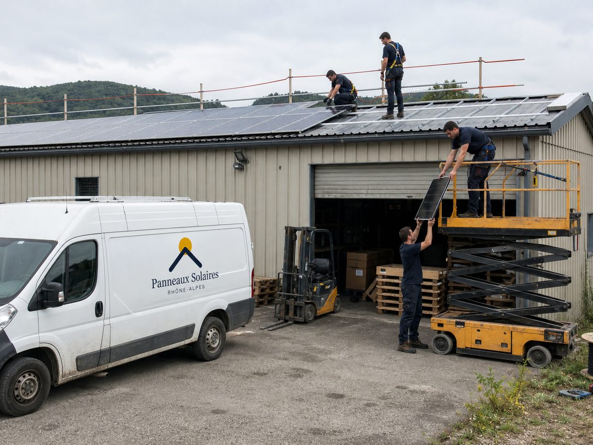 Deux techniciens posent des panneaux sur le toit en bac acier d'un atelier, nacelle et camion de l'entreprise dans la cour