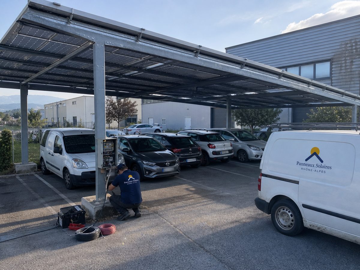 Ombrière solaire en acier au-dessus de deux rangées de voitures sur le parking d'une entreprise