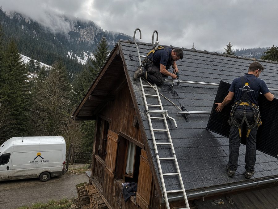 Deux techniciens sur le toit d'ardoise très pentu du chalet, échelle de toit accrochée au faîtage