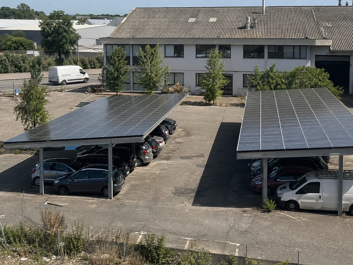 Les deux rangées d'ombrières au-dessus des voitures sur le parking de l'entreprise à Genas