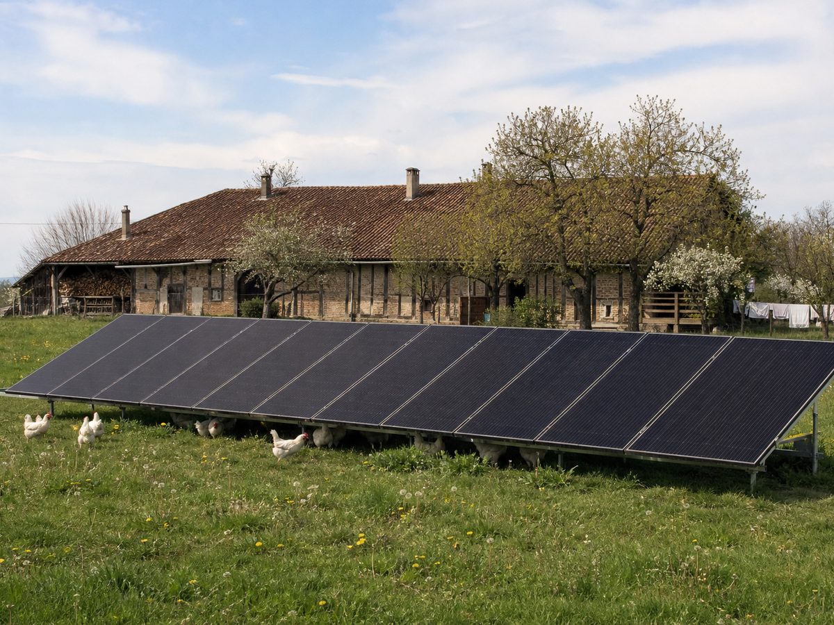 Ferme bressane à Montrevel, la rangée de quatorze panneaux au sol dans le pré, les poules à l'ombre dessous