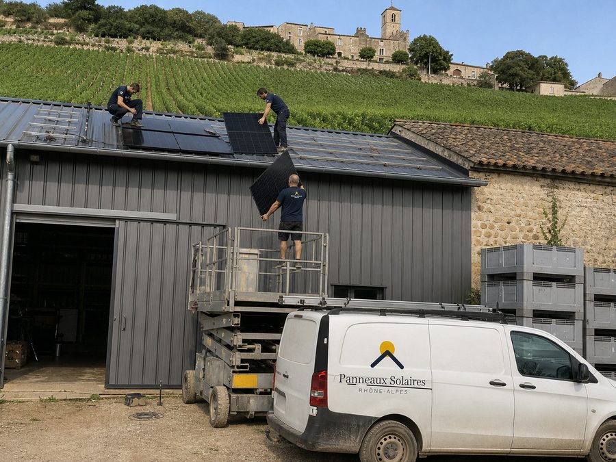 Pose sur le hangar à matériel début août, juste avant les vendanges, les vignes derrière