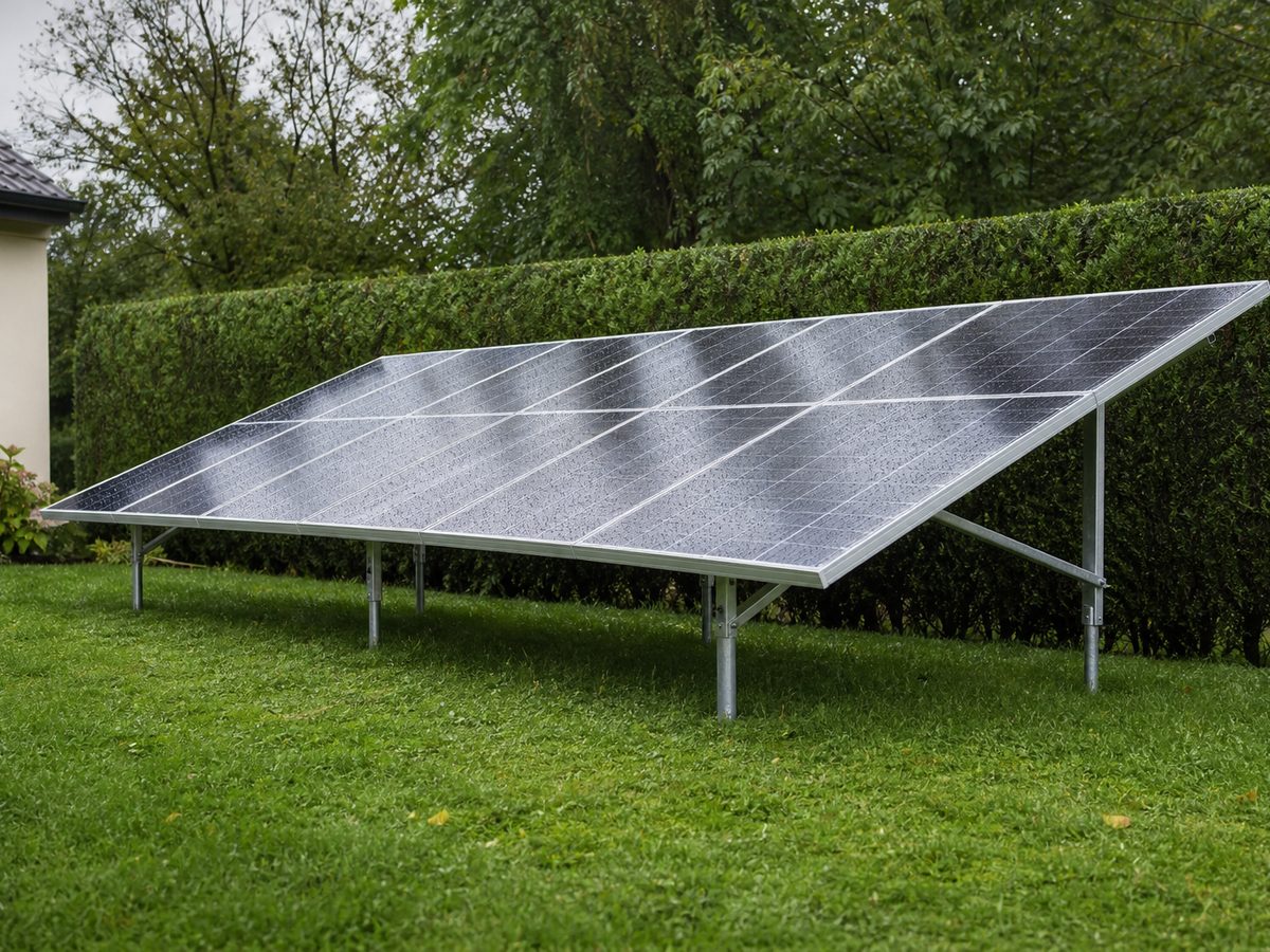 Deux rangées de panneaux au sol sur une structure en aluminium fixée sur des plots, au fond d'un jardin, haie derrière