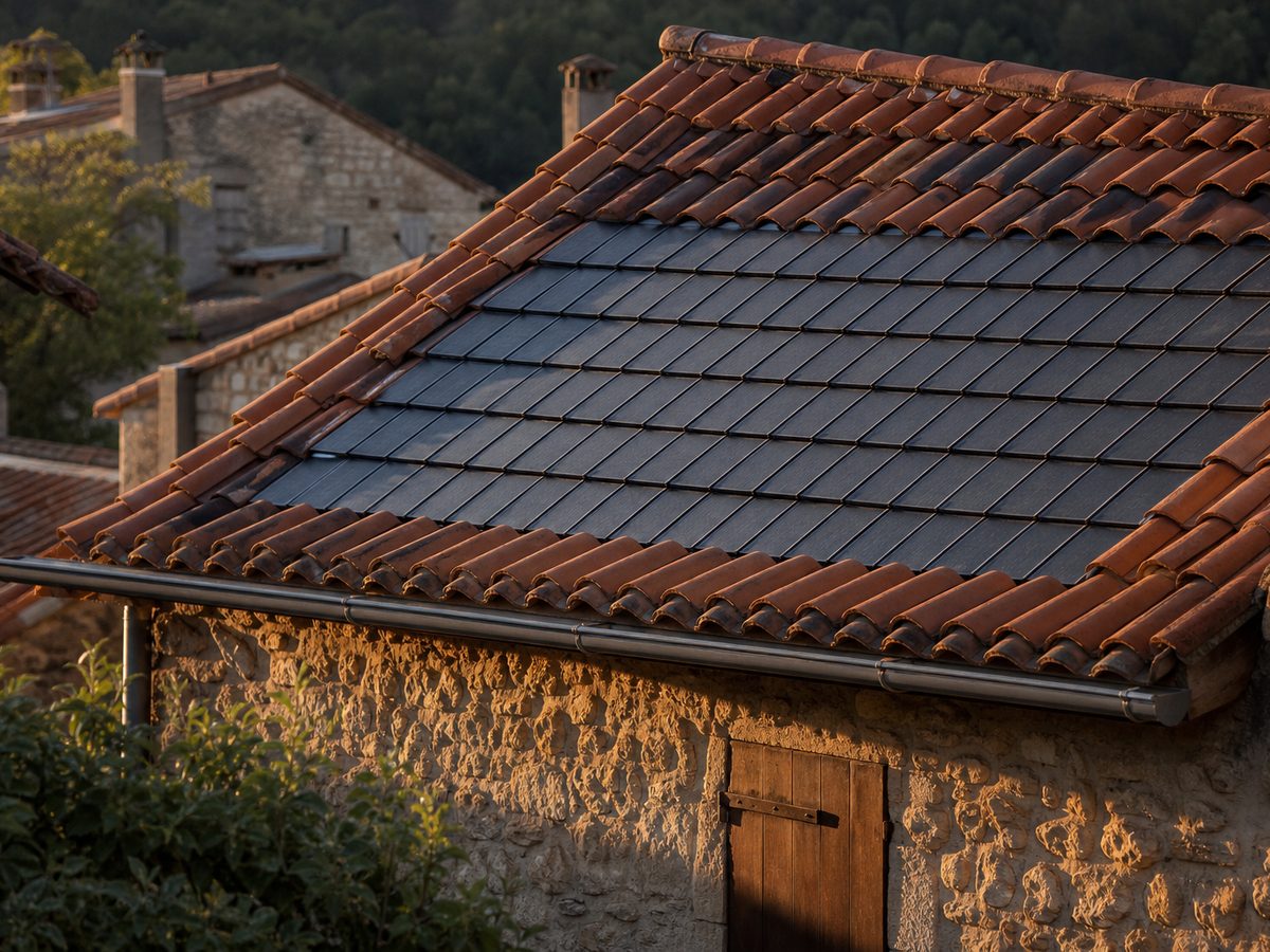 Rampant d'une maison de village couvert de tuiles solaires vues de près, même teinte et même format que les tuiles mécaniques voisines