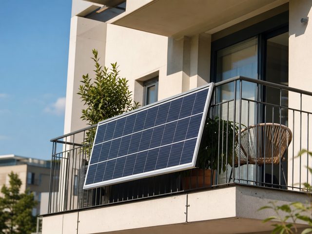 Balcon d'immeuble exposé au sud, un panneau fixé à la rambarde, le balcon du dessus assez haut pour ne pas faire d'ombre