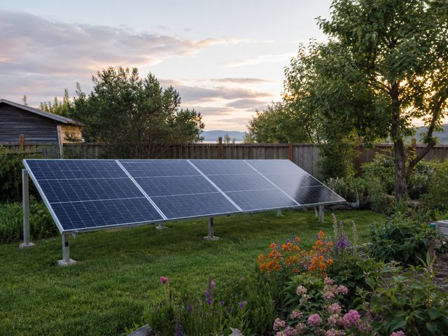 Maison sous de grands arbres, le toit à l'ombre, et une rangée de panneaux au sol dans la partie dégagée du jardin