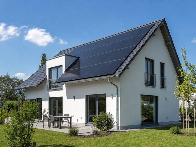 Maison neuve au toit dégagé côté sud, tuiles solaires sur le rampant principal, liteaux encore nus sur le pignon
